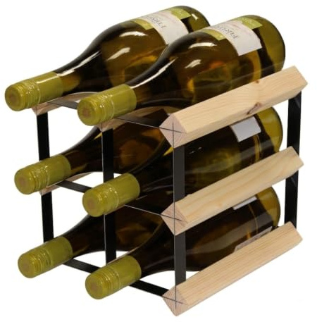 Classic 6 bottle pine wood and black metal wine rack ready assembled