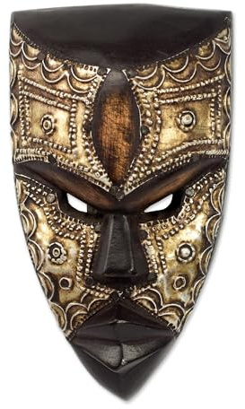 NOVICA Handmade Wooden Mask | Unisex Adult | Artisan Crafted | Hunter Wall Hanging Decoration Mask | Wood & Aluminum Decor | Ghana Cultural | Face Sculpture | 7 H x 3.9 W x 2.4 D