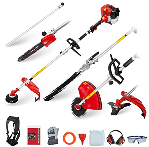 BUKO 52cc Outil de Jardin Multifonctionnel à Essence Longue portée Taille-haie, tronçonneuse pour sécateur, débroussailleuse avec Ligne de Coupe-Bordure de d'épaisseur mât d'extension 75cm