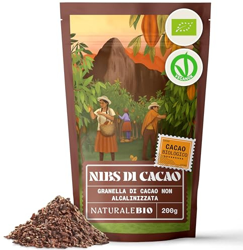 NaturaleBio Grué de Cacao Cru Bio 200g. Organic Raw Nibs. Naturel et Pur à partir de Fèves Crues. Produit par la Plante Theobroma. Source de Magnésium, Potassium et Phosphore.