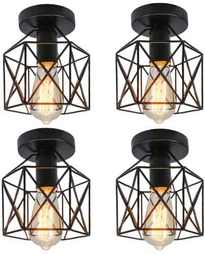 4PCS Industrial Vintage Ceiling Light,Semi Flush Rustic Ceiling Lights,Black Metal Lantern Ceiling Light for Living Room Kitchen Bedroom Hallway Courtyard