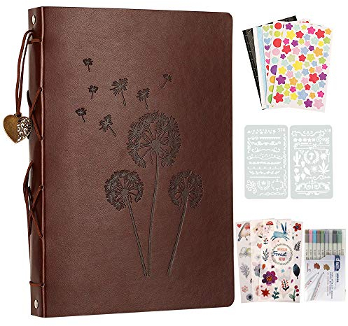 YILEEY Fotoalbum zum Selbstgestalten, Leder Scrapbook Schwarze Seiten Nachfüllbar Fotobuch zum Einkleben, 28x21cm, DIY Geschenk mit Stiften Schablonen Aufkleber Fotoecken, Löwenzahn, MEHRWEG