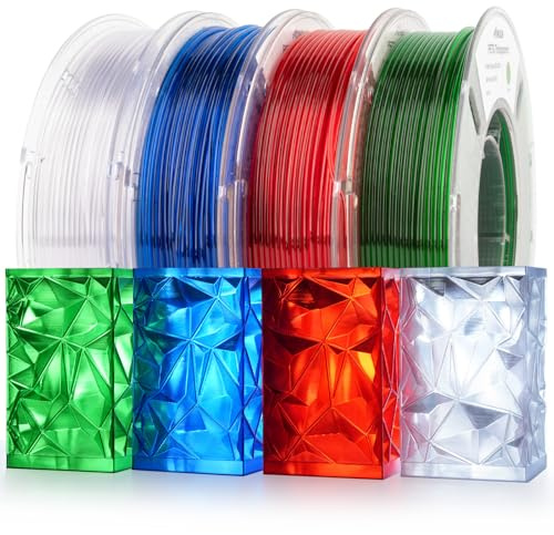 AMOLEN PETG Filament 1.75, PETG 3D Drucker Filament Bundle, Transparent Grün, Weiß, Rot, Blau Filament Set, Transparent/Clear PETG Filament 1.75mm mit Licht Übertragungs Funktion 250g/Spule
