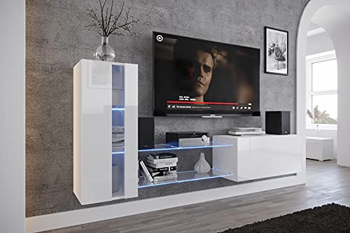 Ensemble Meuble TV Mural Suspendu Salon – Meuble Salon Design Moderne avec colonnes - Vitrines et rangements sans éclairage LED (Future 45N-HG-W2-1A)