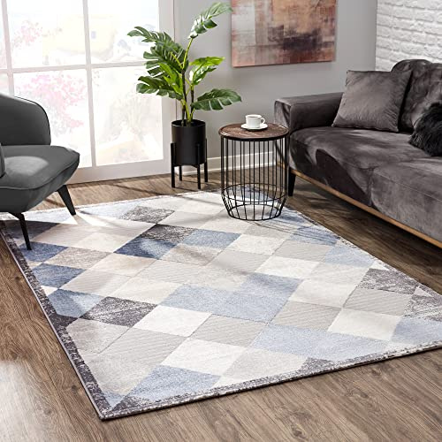 SANAT Evra Teppich für das Wohnzimmer - Kurzfloriger Teppich mit modernem Design - Geeignet für Wohnzimmer, Flur, Korridor, Esszimmer, Schlafzimmer, Küche und Kinderzimmer - Blau Grau, 160 x 220 cm