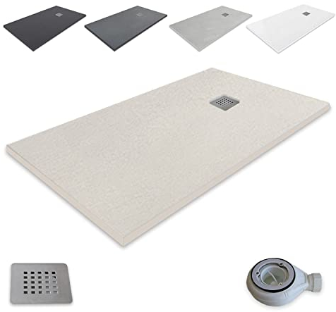 outletaseo Extra flache Duschwanne aus Harz, alle Größen erhältlich, rutschfest, Schiefertextur, inklusive Ablaufventil und Gitter (160 x 80, Beige RAL 1172)