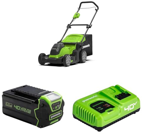 Greenworks 40V Kabelloser Akku Rasenmäher für Flächen bis zu 500m², mit 41cm Schnittbreite G40LM41, 3 Jahre Garantie & 40V 5Ah Lithium-Ionen Akku G40B5 & 40V 5A Ladegerät G40UC5