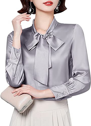 Lazutom Chemisier en soie à manches longues en satin avec nœud papillon pour femme, gris, 42