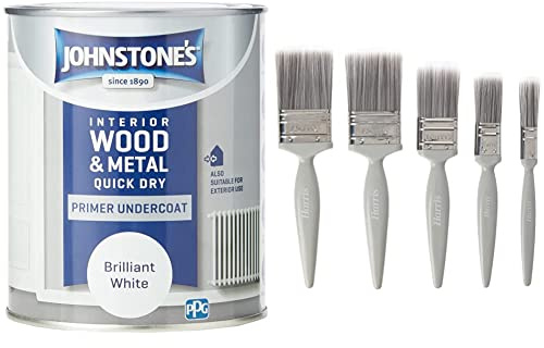 Johnstone's - Quick Dry Gloss Primer Undercoat - Brilliant White - 0.75 L & Harris 101011006 Essentials Walls & Ceilings Paint Brush 5 Pack, 1 x 0.5, 1 x 1, 1 x 1.5, 2 x 2