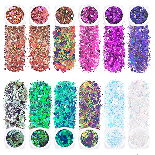 GWAWG 12 Farben Gesicht Glitter, holografisches kosmetisches Festival Chunky Glitter, Festival Kosmetik für Körper Auge Haar Nagel und Malerei DIY Kunst
