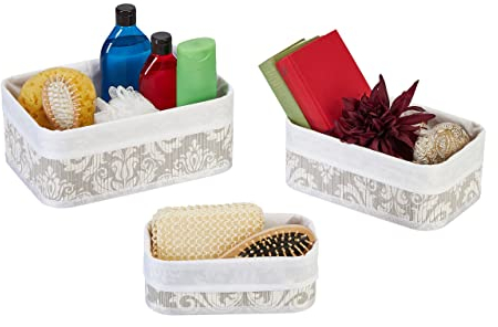 Relaxdays Aufbewahrungskorb 3er Set, Bambus mit Stoffbezug, 3 Größen, Windelkorb, Bad, Kosmetik & Handtücher, weiß/grau