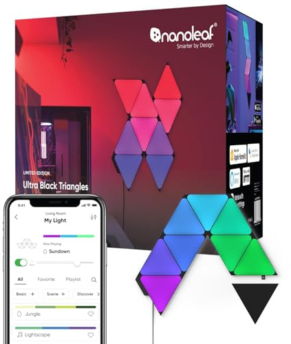 Nanoleaf Shapes Ultra Black Triangle Starter Kit, 9 Smart Light Panels LED RGBW - Modular Wi-Fi Colour Changing Wall Lights, Works with Alexa Google Assistant Apple Homekit, for Room Decor & Gaming