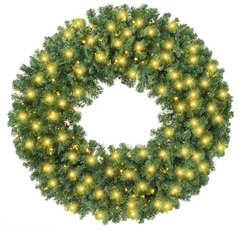 Casafield 48 Pre-Lit Fir Artificial Christmas Wreath Holiday Décor, 200 LED Lights, 860 PVC Tips for Front Door, Window, or Mantel
