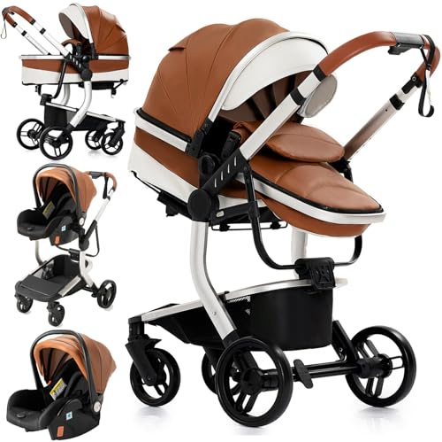 MoLi PU-Leder Kinderwagen 3 in 1, Kinderwagen mit Umkehrbarem Doppelschiebemodus, Buggy Großer Bequemer Babywanne, Kombikinderwagen 3 in 1 Rahmen Aluminiumlegierung Faltbar Hohe Landschaft (518 Khaki)