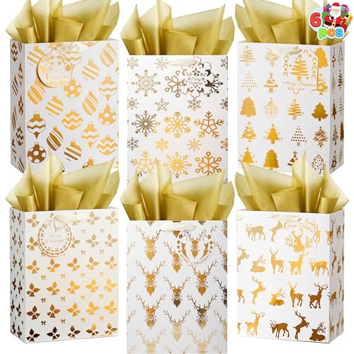 JOYIN 6 Geschenktüten mit Seidenpapier, 20,3 x 11,4 x 26,7 cm goldfarbene Papiertüten aus Weihnachtsfolie 6 Winterdruck-Designs für Geschenke Dekoration Weihnachtstüten für Leckereien und Süßigkeiten