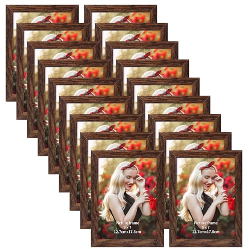 PETAFLOP Wooden Bulk 5x7 Picture Frame Set of 18, Rustic Brown Photo Frames Fits 5 by 7 for Wall or Tabletop Display