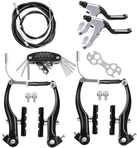 Hmseng Komplettes V-Typ-Fahrradbremsen-Set, Universal-Fahrradbremse vorne und hinten, Innen- und Außenkabel und Hebel-Set mit Multi-Tool-Schraubenschlüsseln, Schwarz