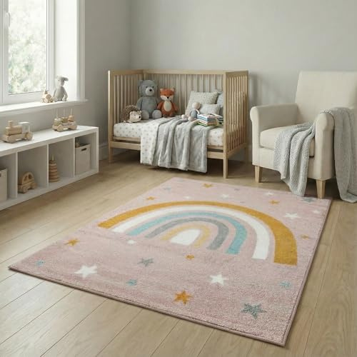 Jimri Kinderteppich DOTS l Pünktchen Gepunktet l Öko-Tex Siegel | Farbe: Beige Blau Rosa | Kinderzimmer/Jugendzimmer (Pink, 80 x 150 cm)