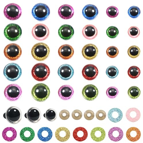 TOAOB 60 Stück Sicherheitsaugen für Häkeltiere 16mm bis 20mm Glitzer Bunt | 10 Farben Kunststoff Augen, Sicherheitsaugen mit Unterlegscheiben für DIY Basteln, Marionette Puppenherstellung