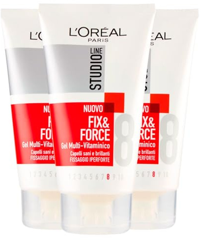 L'Oréal Paris Studio Line Fix und Force Multi-Vitamin-Gel, langer Halt, starker Halt 8, für gesundes und glänzendes Haar, 3 Flaschen à 150 ml