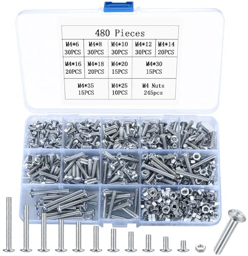 480 STK M4 Schrauben Set, Linsenkopfschrauben, Gewindeschrauben Set, Kohlenstoffstahl Maschinenschrauben Sortiment, Kreuzschlitzschrauben mit Muttern für Reparatur Industrie Fahrrad Schrauben (M4)