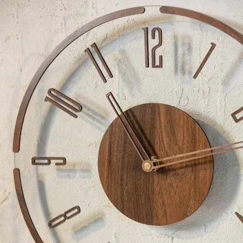 K&L Wall Art leise Glas Wanduhr 30cm große Küchenuhr Holzoptik auf Klarglas minimalistische Glasuhr mit Quarz Uhrwerk (Holzziffern, Ø 30cm)