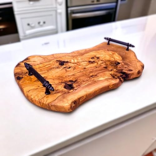 Handcrafted Olive Wood Cutting Board with Rustic Metal Handles – Unique Serving Tray and Cheese Board for Kitchen, Charcuterie and Home Décor – Natural Durable Elegant Wooden Platter - Medium (45 cm)
