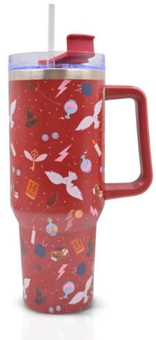 Harry Potter, bicchiere da 1200 ml con cannuccia e coperchio, tazza da viaggio a prova di perdite e fuoriuscite, borraccia termica in acciaio inox con manico, mantiene freddo per 17 ore o caldo per 5