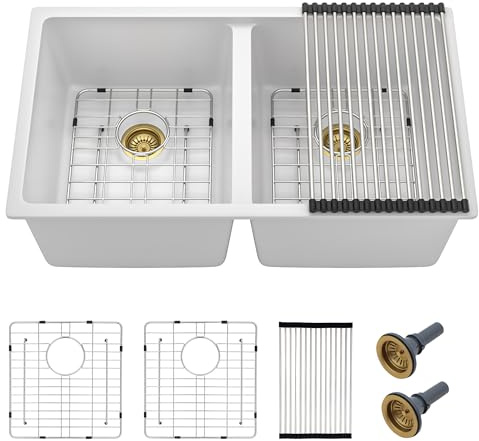 33 Granite Composite Kitchen Sink Double Bowl - Fulorni 33x19 Granite Kitchen Sink White Undermount Double Bowl 50/50 Quartz Classic Composite Under Counter Basin
