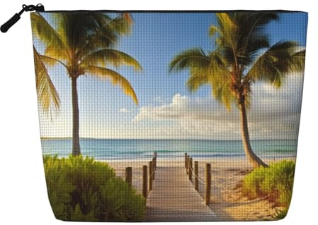 AMREWQYL Palm Trees Beach printed Fake Hemp Makeup Bag Travel Toiletry Bag, Black, One Size
