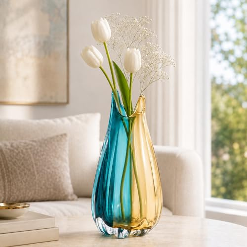 Mundgeblasene Glasvase, mittelgroße Blumenvase mit weiter Öffnung, einzigartiges modernes türkisfarbenes Glas-Kunstdekor, unzerbrechliche Vasen für Tischdekorationen im Wohnzimmer