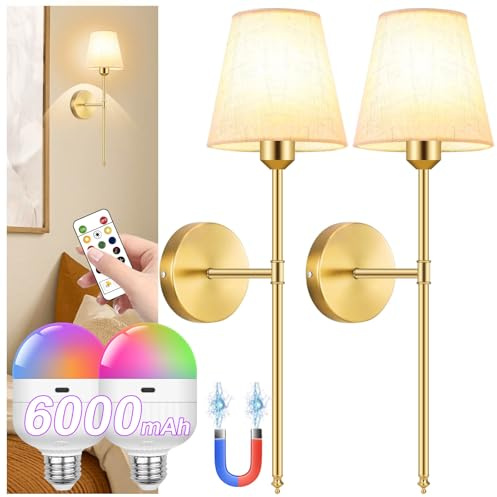 ZHENMING Battery Operated Wall Lights Set of Two,6000mAh Wireless Wall Lights with Remote,Dimmable 2700K-6000K and RGB Modes, Rechargeable Wall Light Indoor for Bedroom,Bulb Included (Gold)