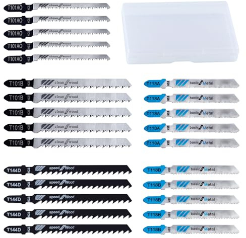 LEONTOOL 25PCS T Shank Jigsaw Blades for Wood Plastic Metal, HCS/HSS Multi-Purpose Jig Saw Blades Set with Case, Assorted Replacement Jig Saw Blades(T101B, T101AO, T144D, T118A, T118B, Each 5PCS)