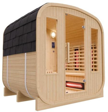 Dewello® Outdoor-Sauna Richmond ca. 200 cm x 180 cm x 200 cm, Fichtenholz - Cube inkl. 10 Infrarotstrahler, Saunaofen und Saunazubehör I Gartensauna, Kombisauna, Außensauna, Sauna Fass für 4 Personen