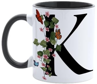 Paolo Chiari Tasse en céramique personnalisée avec lettre, motif floral avec papillons et poignée noire, fabriquée en Italie, 300 ml (K)