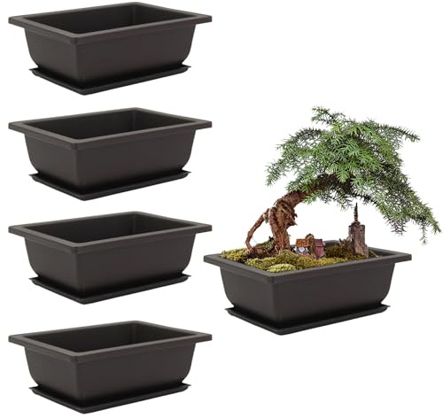 M&Catree Bonsai Schale mit Untersetzer – 5 Stück Bonsai Trainingstöpfe aus Kunststoff, rechteckige Pflanztöpfe für Garten & Zimmerpflanzen - Schwarz 5pcs, 19cm