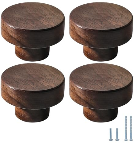 Evionlin 4 Pack S 30mm Minimalist and High-End Chinese-Style Cabinet Door Handles Cabinet Drawer Pulls Single-Hole Wardrobe Knobs Wooden Door Walnut Wood
