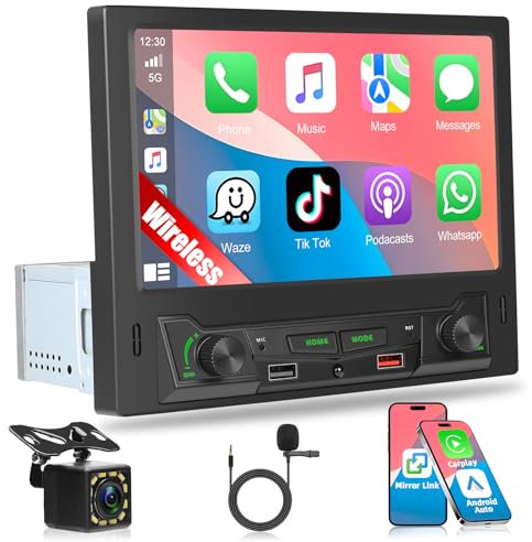 Autorradio Estéreo para Coche Motorsi de un 1 DIN con Bluetooth Autorradio Carplay Android Auto,Pantalla Táctil HD de 8'',AUX,DSP,FM,Retroiluminación Colorida,Doble USB+Cámara de Visión Trasera
