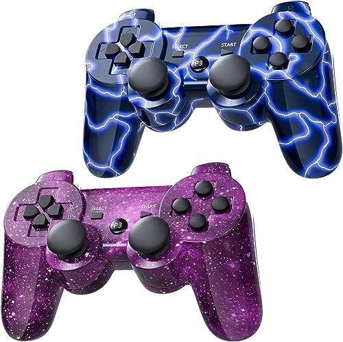 AUFGLO Gaming Controller für PS3, Wireless Move/Motion Controller Gamepad mit verbessertem Joystick Kompatibel mit Play Station - 3 (Blauer Blitz und roter Sternenhimmel)