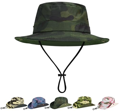 Sun Hats for Kids UPF 50+ Sun Protection Wide Brim Bucket Hat for Boys Girls Lightweight & Breathable Safari Fishing Hat Camo Dark Green