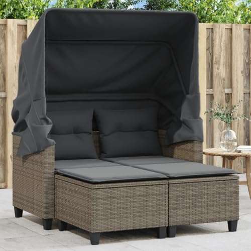 HUAKEHOM Gartensofa 2-Sitzer mit Dach und Hockern Outdoor Sofa Gartenmöbel Garten Lounge Set Terrasse Terrassenmöbel Zweisitzer Grau Poly Rattan