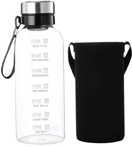 Wasserflasche mit Zeitmarkierung, 2 l, klare Wasserflaschen aus Borosilikatglas mit Umhängeband, Hülle und abnehmbarem Filter, auslaufsicher, spülmaschinenfest, für Zuhause, Büro, Sport, Glaswass