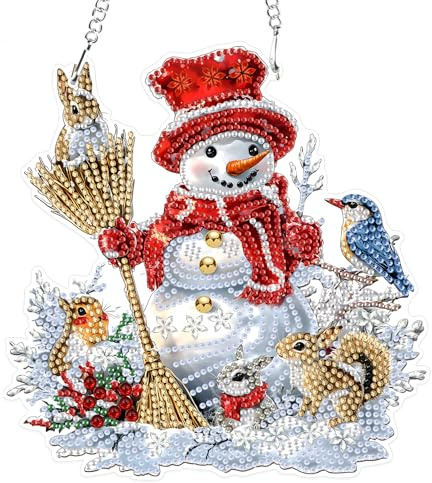 MXJSUA Weihnachts-Schneemann Mit Tieren Diamond Painting Anhänger mit Kette Erwachsene, Diamant Painting Fensterbilder Hängende Ornament Bastelset Set für Wand Und Eingang Decor 19.2x19.8CM