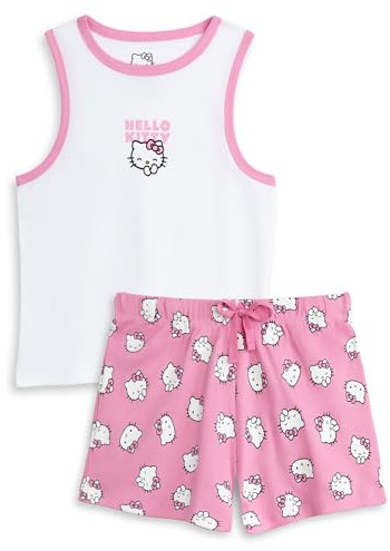 Hello Kitty Pijama para Mujer, Blanco y Rosa, con Camiseta y Pantalones Cortos | Ropa de Dormir con Estampado Ropa de Estar por casa sin Mangas | Pijama con Personajes de Dibujos