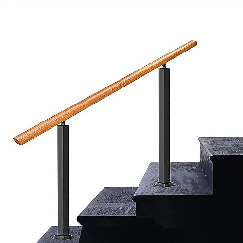 Kit per ringhiera regolabile per scale da esterno, in ghisa resistente e legno massello, per 1-4 gradini, ideale per la sicurezza degli anziani su scale in cemento o legno, uso interno/esterno, nero