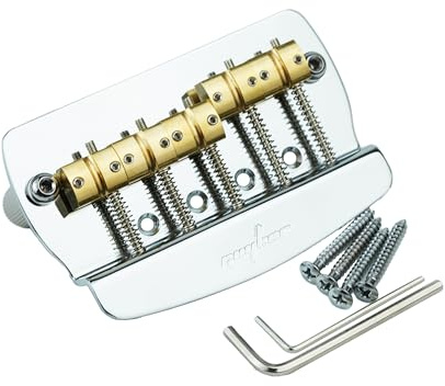 Guyker Bass Bridge String Spacing 16mm, 5 String Fixed Bass Bridge with Solid Brass Saddle & Iron Plate Replacement Part (GB1026, Chrome)