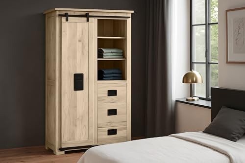 SAM Highboard Libro V, Akazienholz massiv + eichefarben, Hochschrank mit Holzschiebetür, 3 Schubladen & 7 offenen Fächern, Türelemente, Griffe & Reling aus Eisen, 100 x 45 x 175 cm