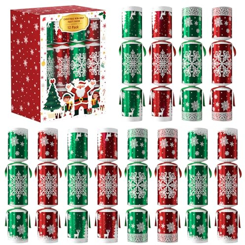 TKMYAQ Set of 12 Christmas Crackers – Christmas No-Snap Party Table Favor with Party Hat,Joke & Little Gift,Inside for Xmas Thanksgiving Seasonal Holiday Events,Dinner Parties & Family Celebrations