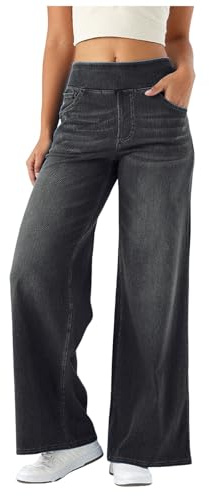 Pull on Wide Leg Jeans for Women UK, High Waisted Stretchy Baggy Trendy Baggy Jeans Women Tummy Control Straight Leg Jeans Denim Pants with Pockets (Dark Gray, L)