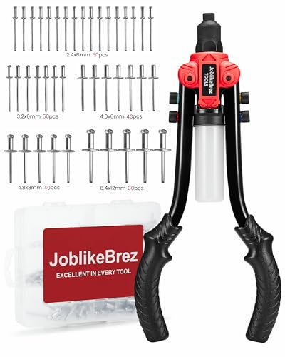 JoblikeBrez - Kit de alicates de remache Pro con 210 remaches Pop (2,4 – 6,4 mm) | Gran pinza de remache Pop de 33 cm con colector de varillas | Remachadora robusta para automóvil, metal y bricolaje